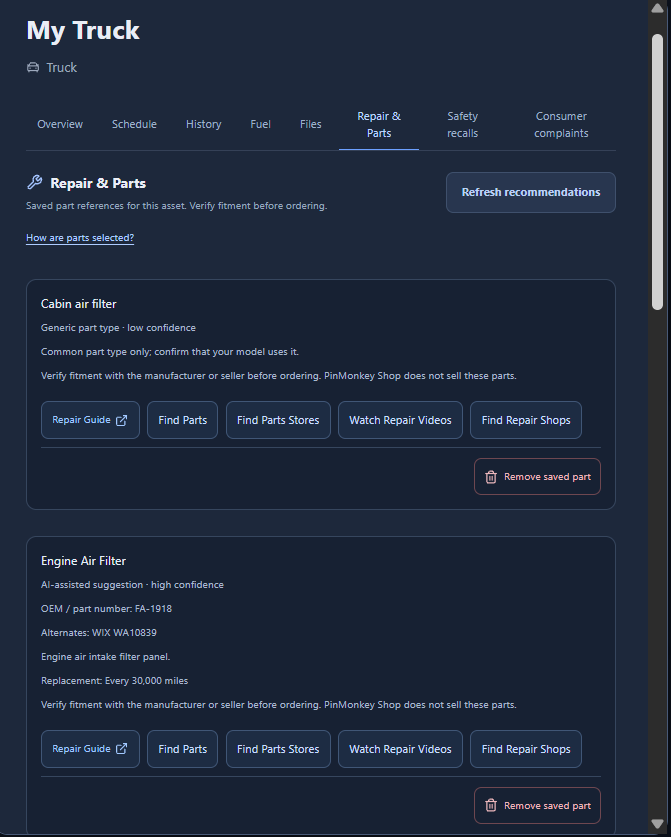 Repair and Parts screen with saved part references, a fitment verification warning, and actions that leave PinMonkey to find guides, parts, stores, videos, or shops.